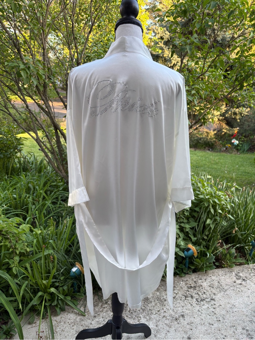 Size SMALL Ivory Satin Bridal Robe with Crystal Script